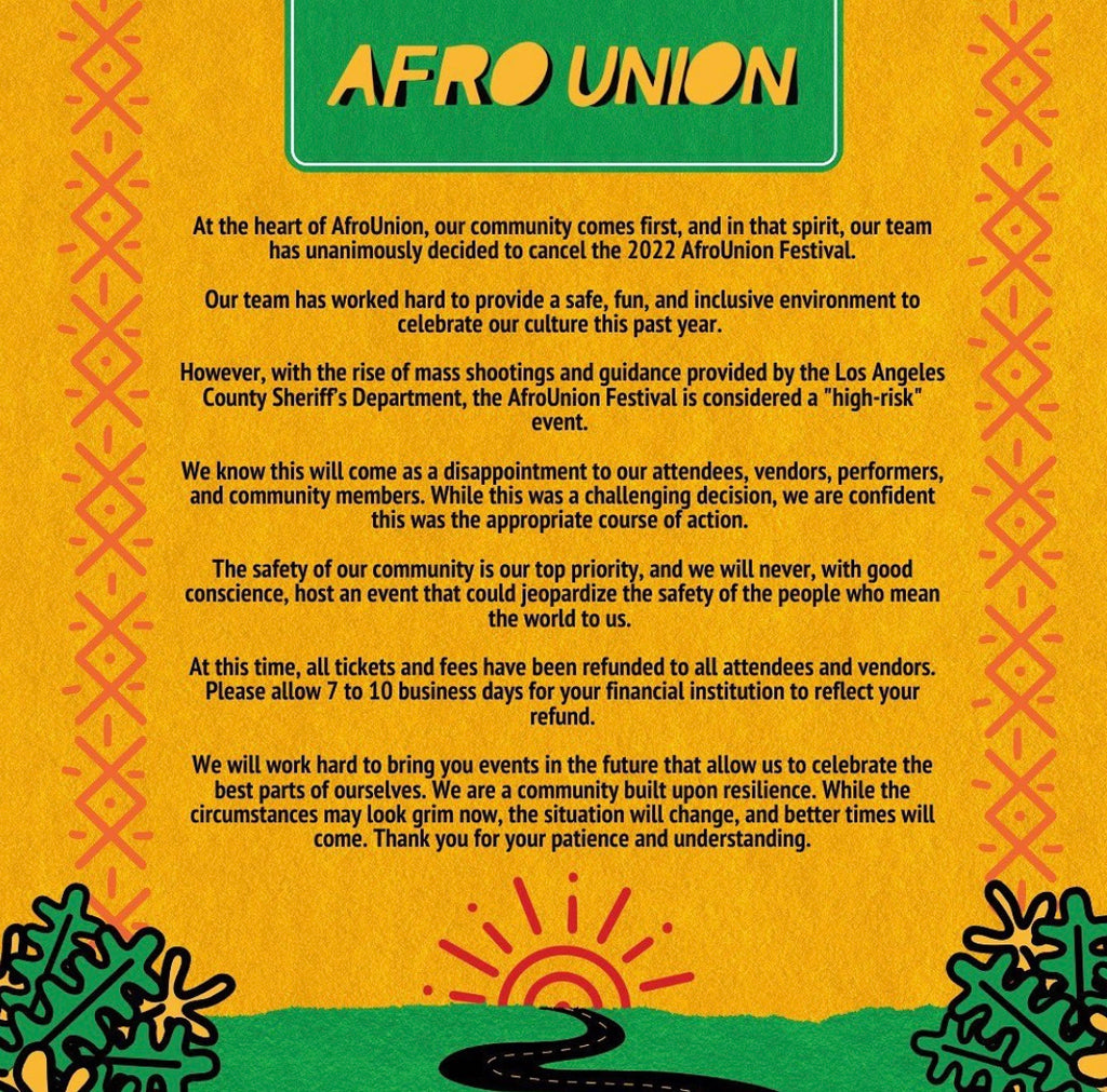 AFRO UNION CANCELLED: Due to Mass Shootings!